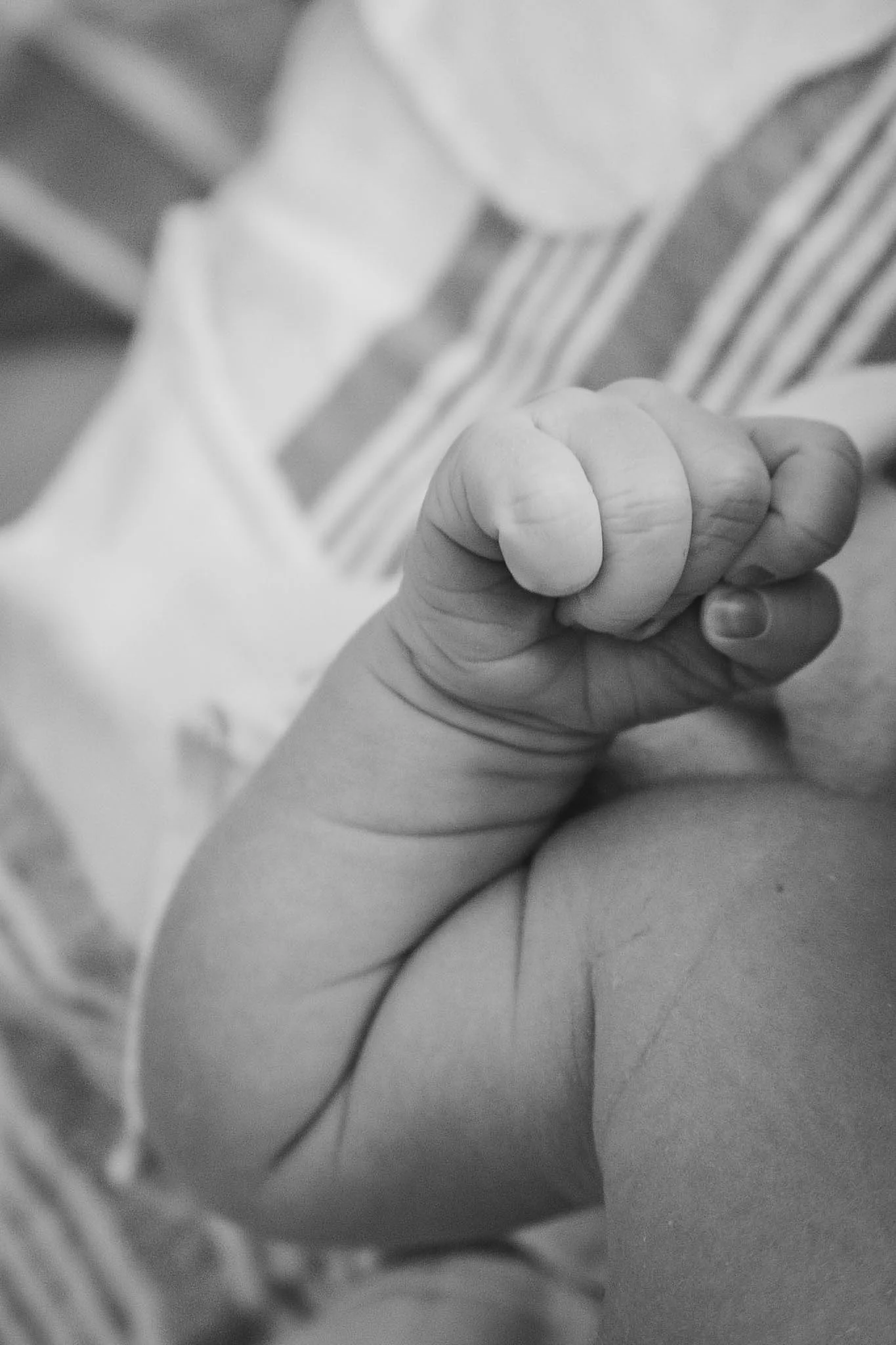 Newborn holding an adult's finger in black and white.